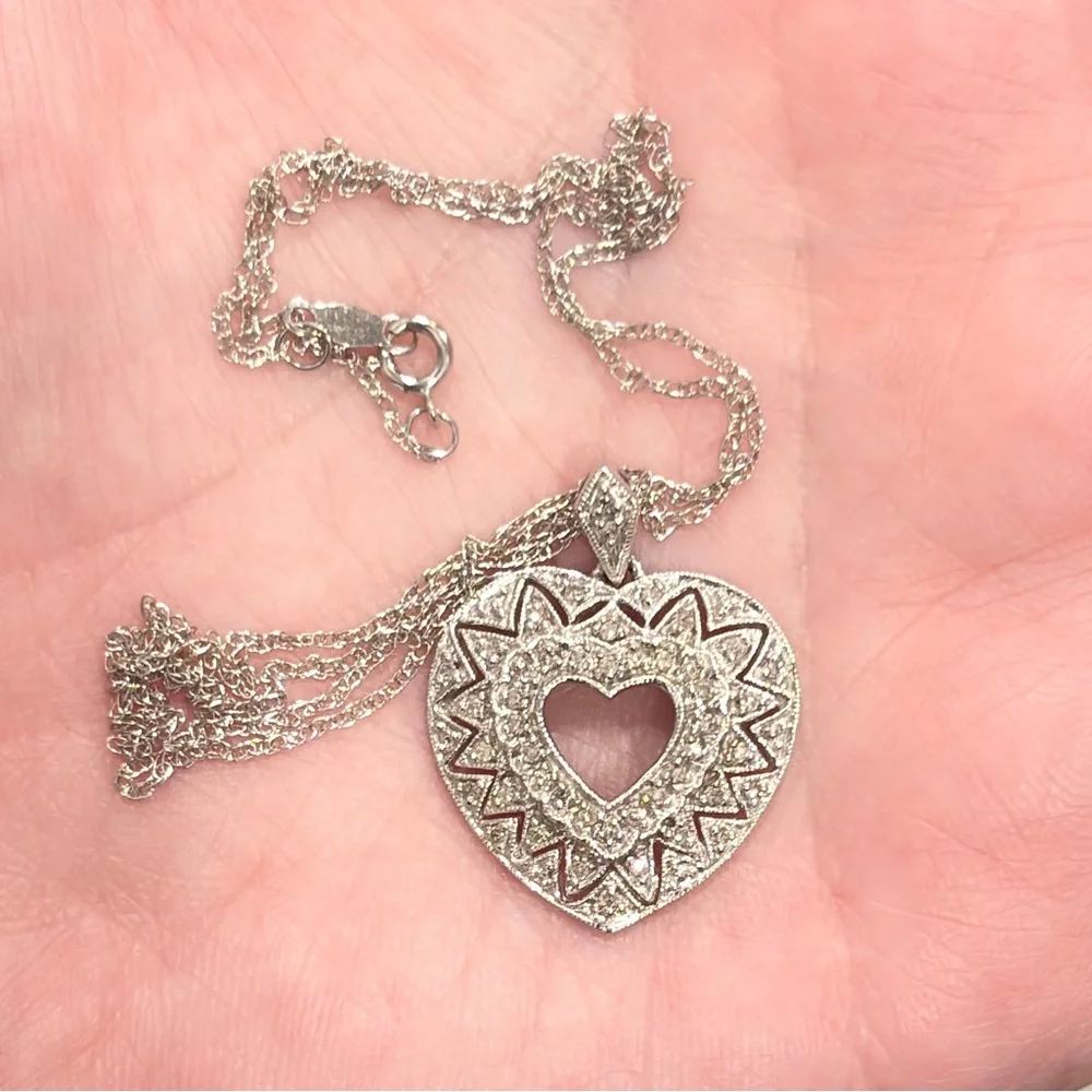 10K Diamond Heart Necklace, Dainty Filigree, Lavalier Style, White Gold, ADL - Picture 12 of 12